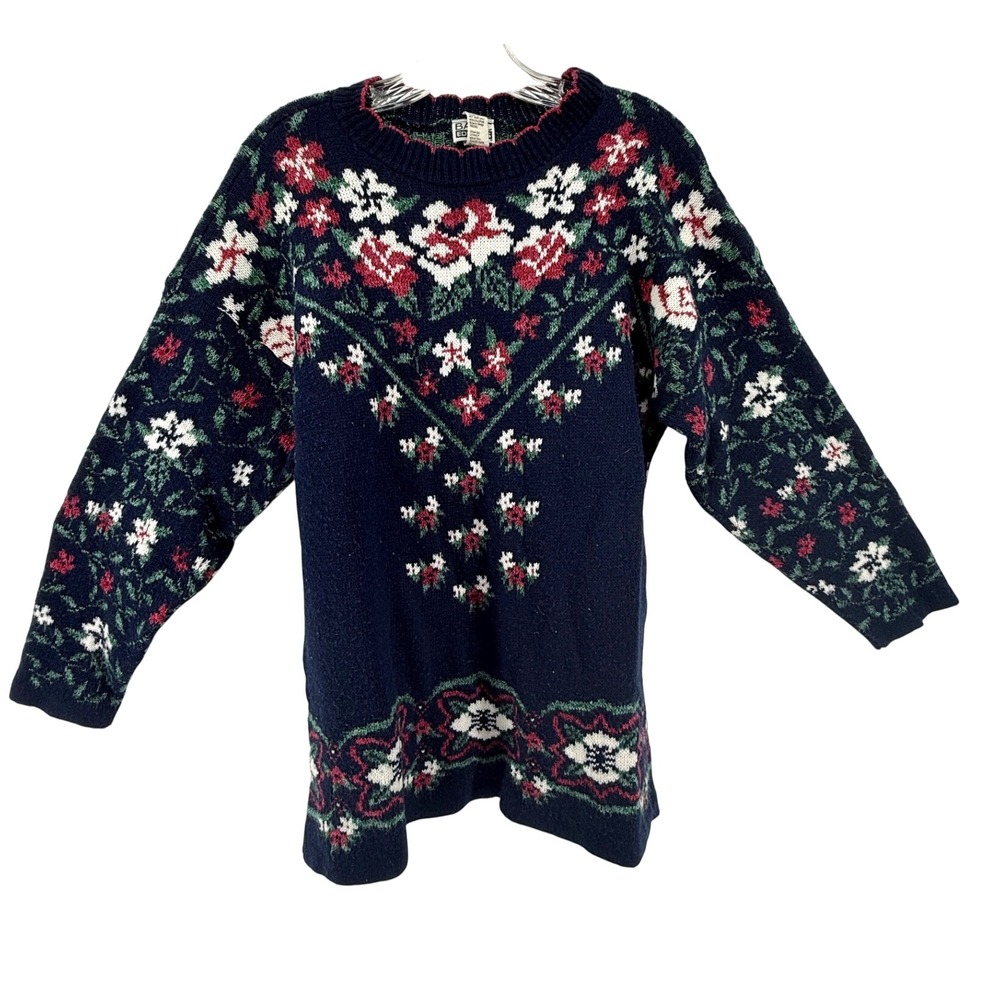 Basic Editions Vintage Floral Sweater Navy Blue Rose Intarsia Knit Large USA